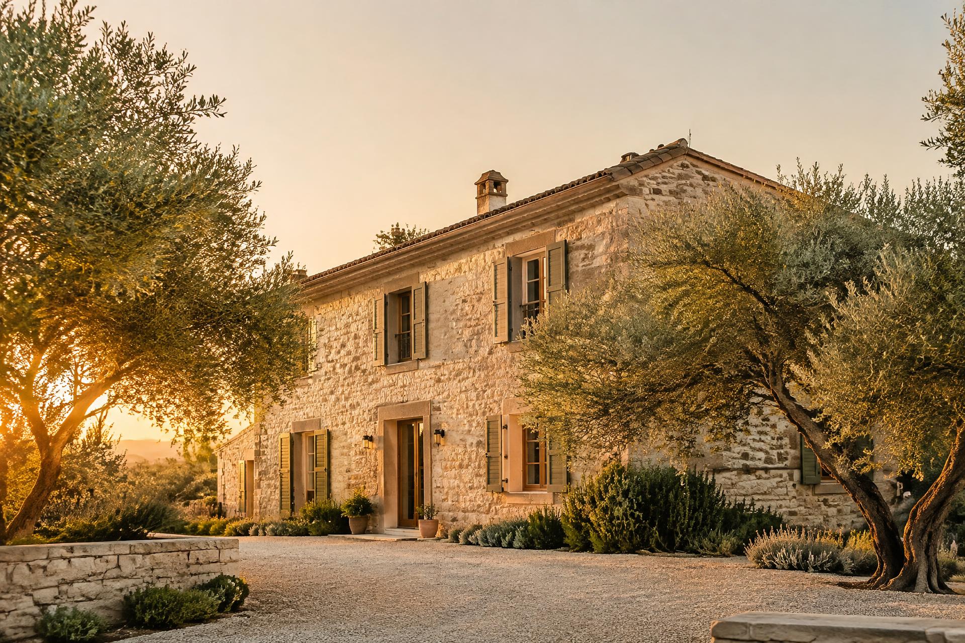 Mas provençal en pierre baigné de lumière dorée, entouré d’oliviers